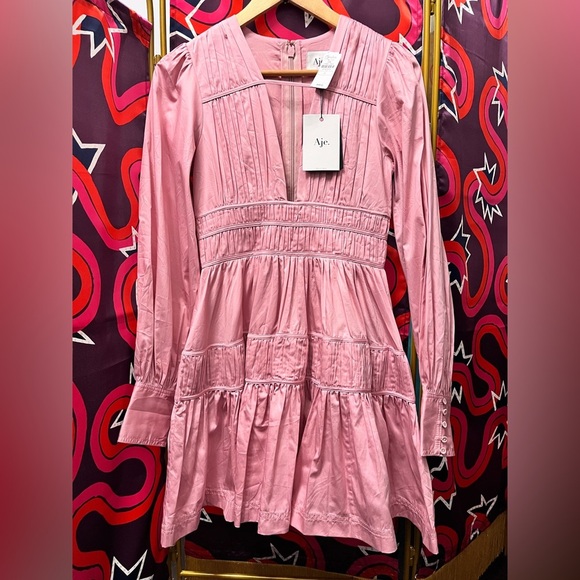 NWT Aje Fallingwater Gathered Mini Dress Chalk Pink Long Sleeve Blouson 24SU5568 - Picture 4 of 11